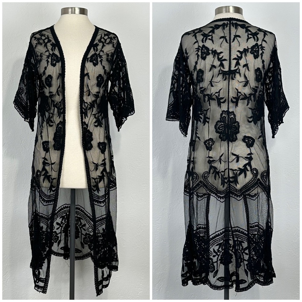 Whimsigoth Dark Fairy Goth Boho Kimono Small Floral Lace Sheer Cardigan Duster